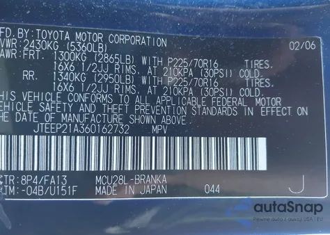 2006 Toyota Highlander V6 from USA, damaged, VIN JTEEP21A360162732